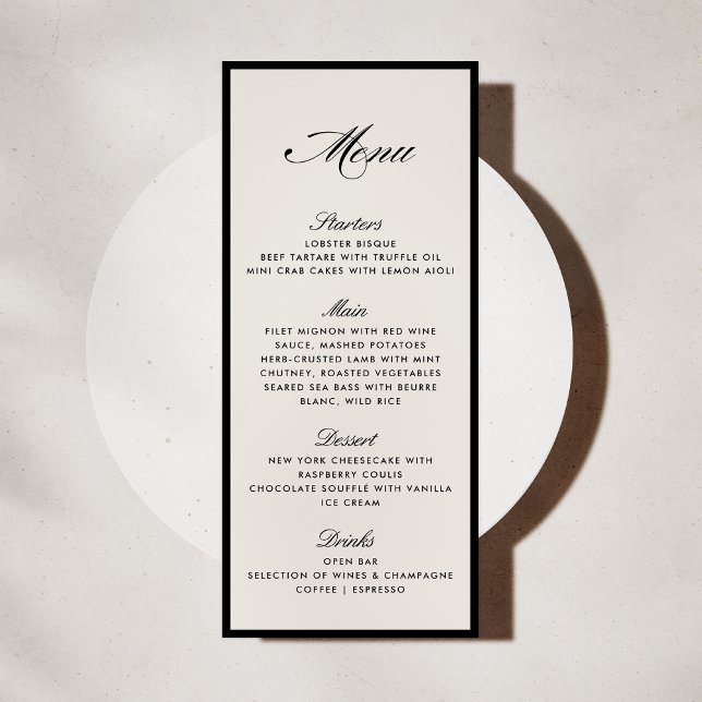 Convites Black Frame Modern Ivory Wedding Menu card (Criador carregado)