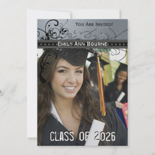 Convites Black Funky Elegant Swirls Graduation Invite