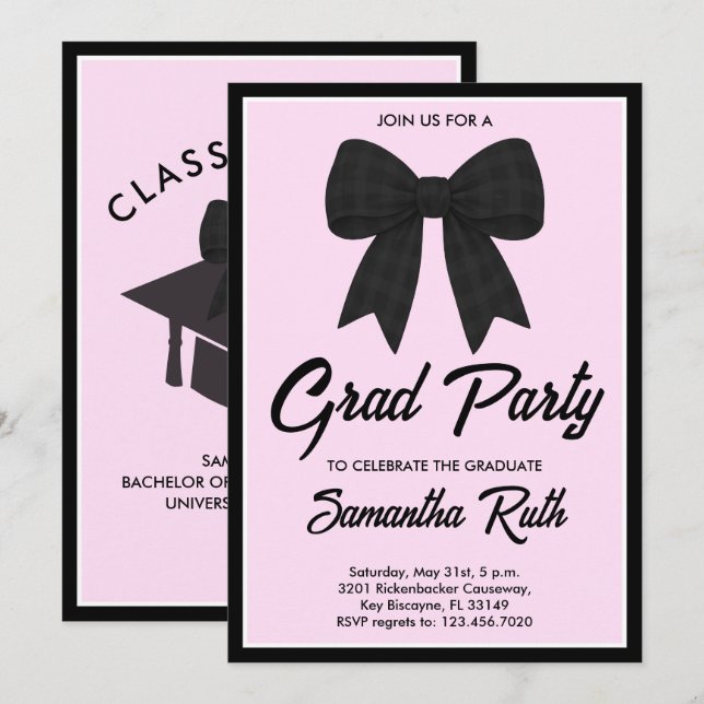 Convites Black Gingham Bow Graduation Party (Frente/Verso)