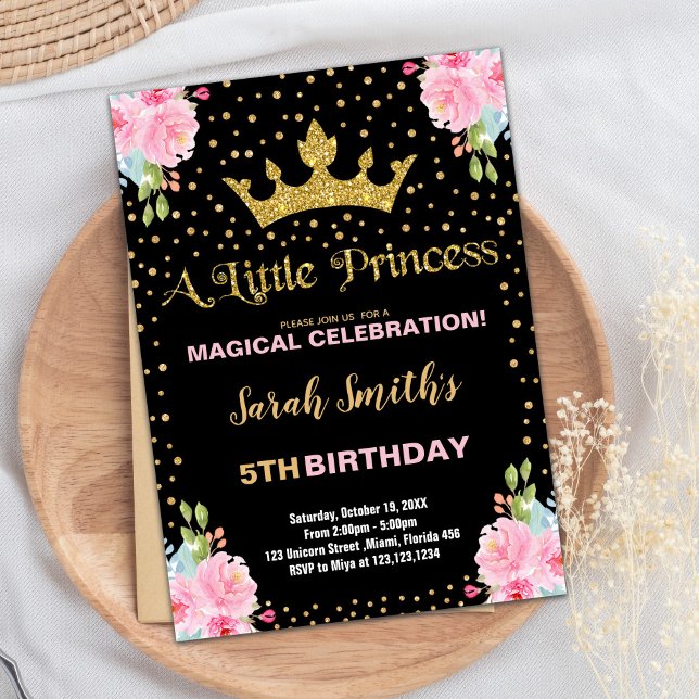 Convites Black Glitter Crown Princesa Conquista de Aniversá (Black Glitter Crown Princess Birthday Invitations)