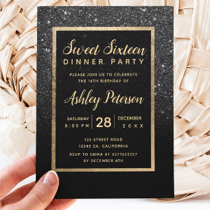 Convites Black glitter gold typography Sweet 16