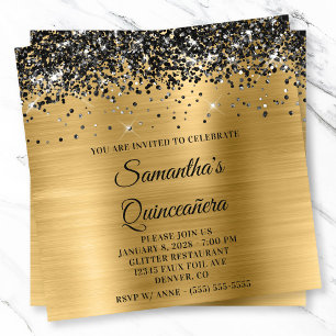 Convites Black Glitter Olhar Metálico Dourado Quinceanera