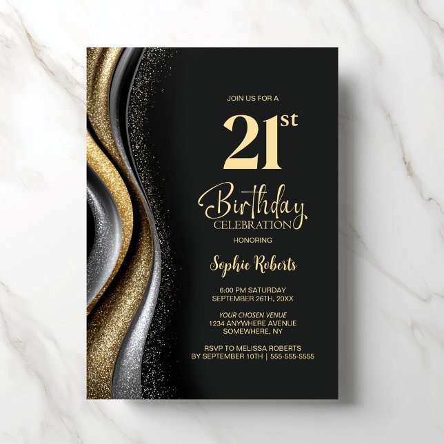 Convites Black Gold 21st Birthday Party (Criador carregado)