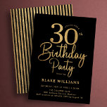 Convites Black Gold 30th Birthday<br><div class="desc">Black and gold 30th birthday party invitation. Trendy modern design,  perfect for a stylish men's or women's bday celebration. Features script font and stylish stripes on the back. Customize with your own details. Printed Zazzle invitations or instant download digital printable template.</div>