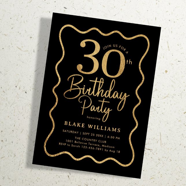 Convites Black Gold 30th Birthday Wavy Border (Criador carregado)