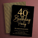 Convites Black Gold 40th Birthday<br><div class="desc">Black gold 40th birthday party invitation. Trendy modern design,  perfect for a stylish men's or women's bday celebration. Features script font and stripes on the back. Customize with your own details. Printed Zazzle invitations or instant download digital printable template.</div>
