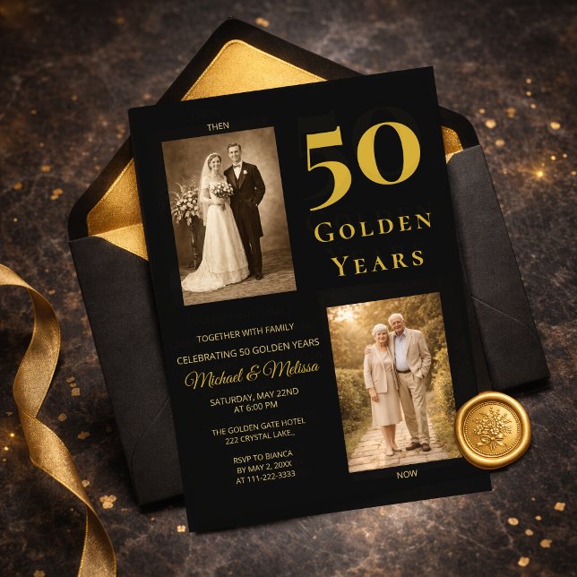 Convites Black Gold 50th Anniversary Then Now Elegant (Elegant black and gold 50th anniversary invitation flat lay with envelope)