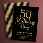 Convites Black Gold 50th Birthday<br><div class="desc">Black gold 50th birthday party invitation. Trendy modern design,  perfect for a stylish men's or women's bday celebration. Features script font and stripes on the back. Customize with your own details. Printed Zazzle invitations or instant download digital printable template.</div>