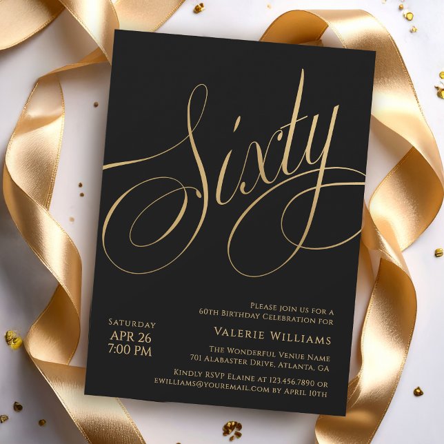 Convites Black Gold 60th Birthday Elegant Calligraphy (Available in both printed and instant download digital formats.)