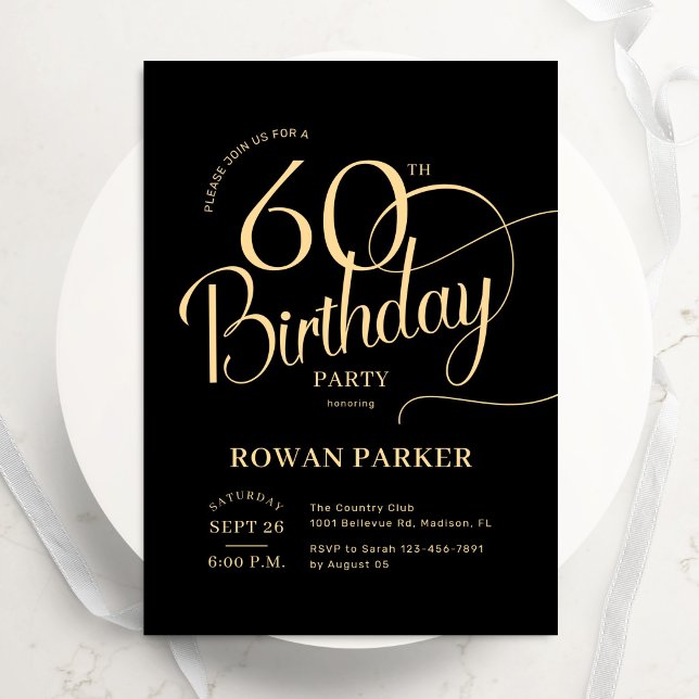 Convites Black Gold 60th Birthday Elegant Script (Criador carregado)