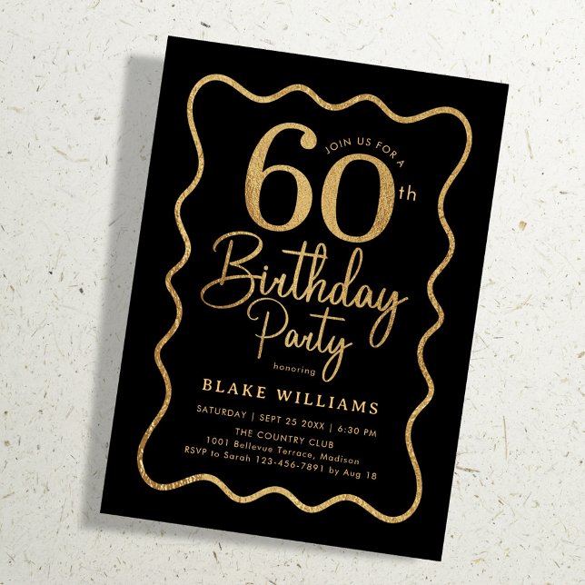 Convites Black Gold 60th Birthday Wavy Border (Criador carregado)