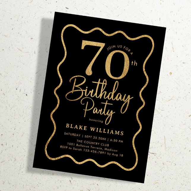 Convites Black Gold 70th Birthday Wavy Border (Criador carregado)