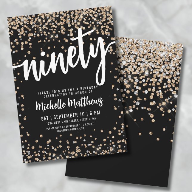 Convites Black Gold 90º aniversário (Black Gold 90th Birthday Invitation)