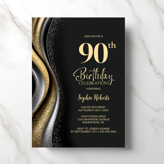Convites Black Gold 90th Birthday Party (Criador carregado)