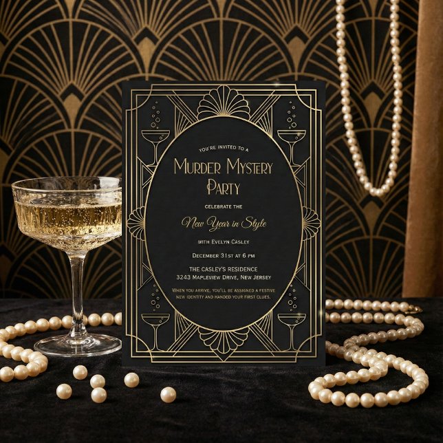 Convites Black Gold Art Deco Murder Mystery New Year Party (Art Deco New Year’s Eve Party – Black & Gold, Champagne, Personalized)