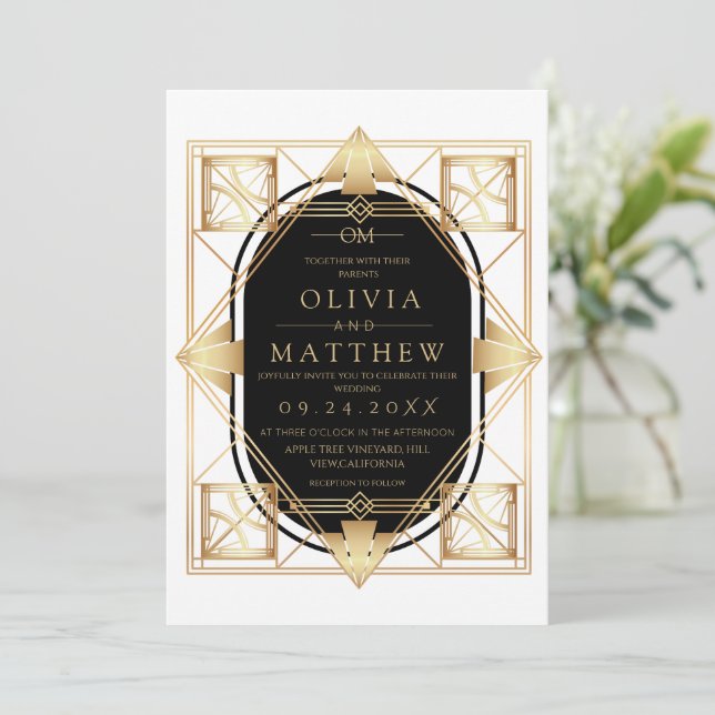Convites Black & Gold Art Deco Wedding Invitation  (Em pé/Frente)