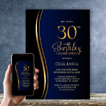 Convites Black Gold Blue 30th Birthday Party<br><div class="desc">Invite your friends and loved ones with this modern black, gold and blue 30th birthday party invitation. The customizable text area in this invitation template allows you to effortlessly include all the necessary details for your special birthday celebration, including the date, time, venue, and RSVP information. A variety of paper...</div>