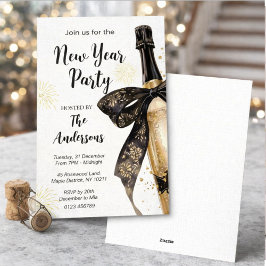 Convites Black Gold Champagne Cheers New Years Eve Party