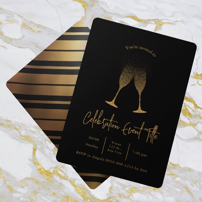 Convites Black & Gold Champagne Theme Party  (Criador carregado)