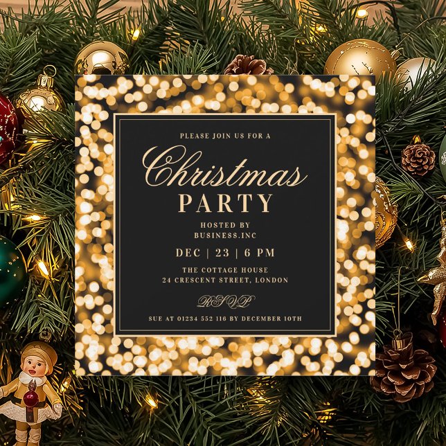 Convites Black & Gold Christmas Glam Lights Holiday Party (Black & Gold Christmas Glam Lights Holiday Party Invitation)