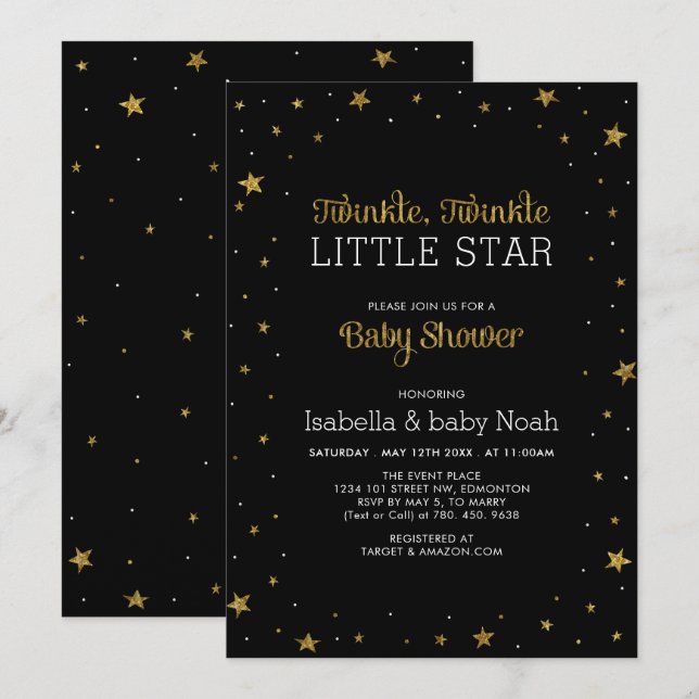 Convites Black & Gold | Chuva de Estrelas Baby Shower (Frente/Verso)