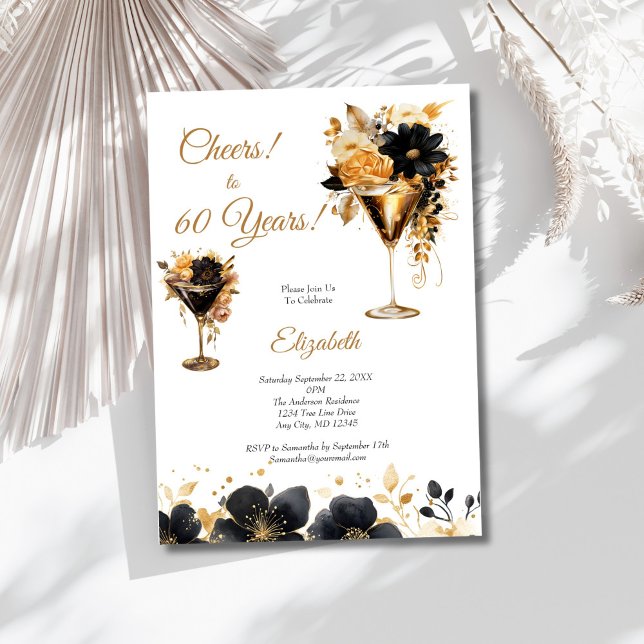 Convites Black Gold Cocktails Drinks Florals 60th Birthday (Black Gold Florals Cocktails 60th Birthday party invitation for her. Printed or Digital)