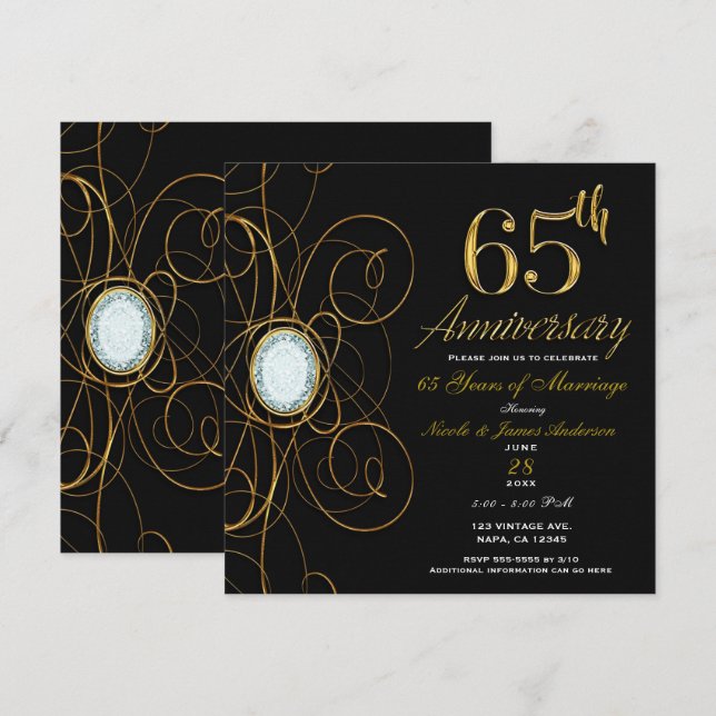 Convites Black & Gold Diamond Chic 65 65º Aniversário (Frente/Verso)