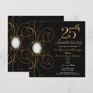 Convites Black & Gold Diamond Elegante 25 Aniversário de 25