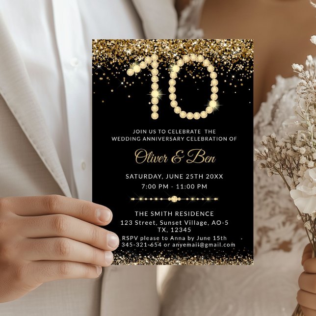 Convites Black & Gold Diamonds 10th Anniversary (Gold Diamonds 10th Anniversary Invitation)