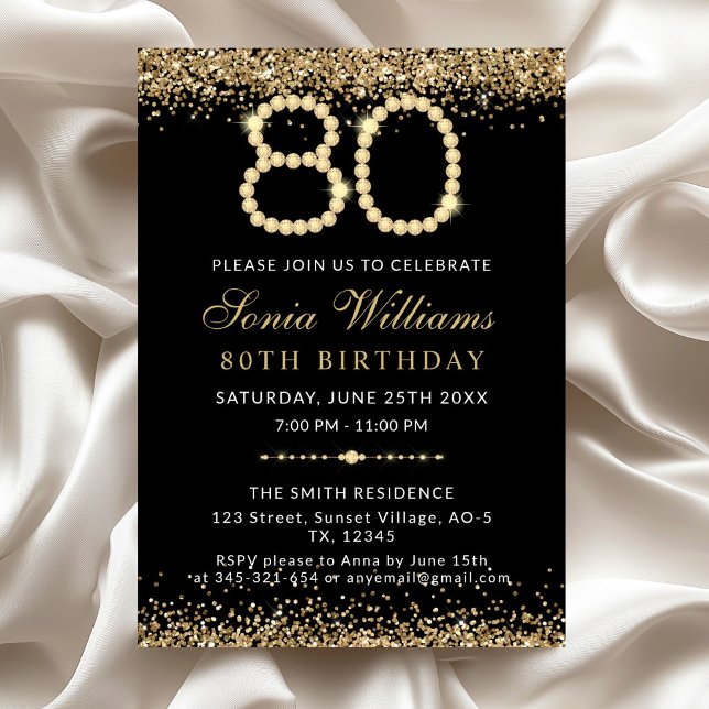 Convites Black Gold Diamonds 80th Birthday Party Invitation (Gold Diamonds 80th Birthday Party Invitation)