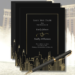 Convites Black Gold Elegant Las Vegas Skyline Save the Date