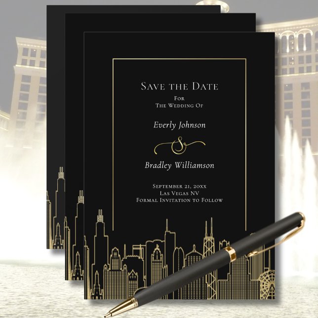 Convites Black Gold Elegant Las Vegas Skyline Save the Date (Criador carregado)