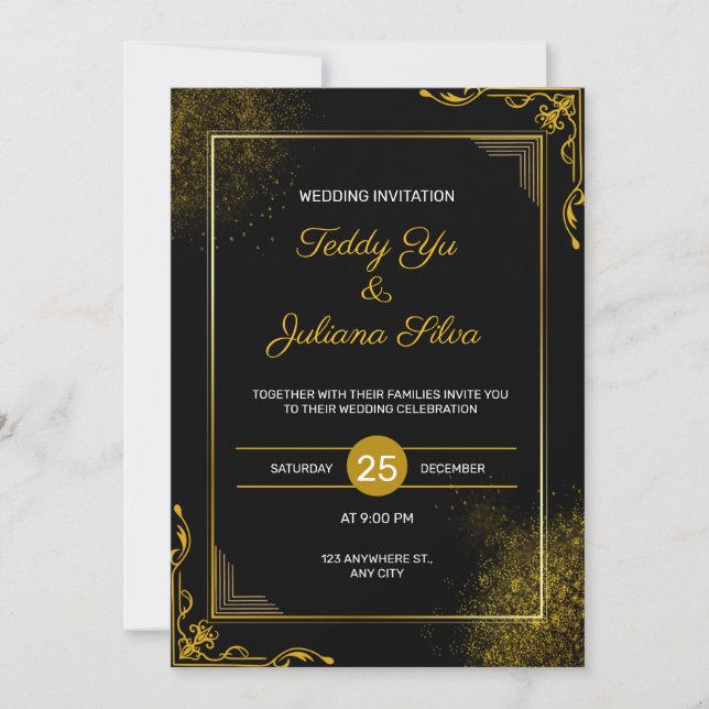 Convites Black Gold Elegant Modern Wedding Invitation (Frente)