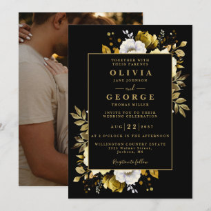 Convites Black Gold Elegante Botânico Floral Foto Casamento