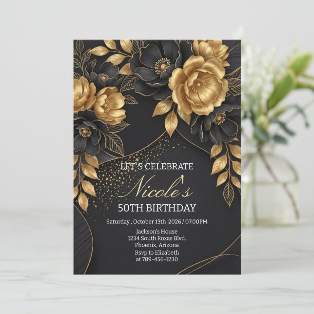 Convites Black & Gold Floral 50th Birthday (Em pé/Frente)