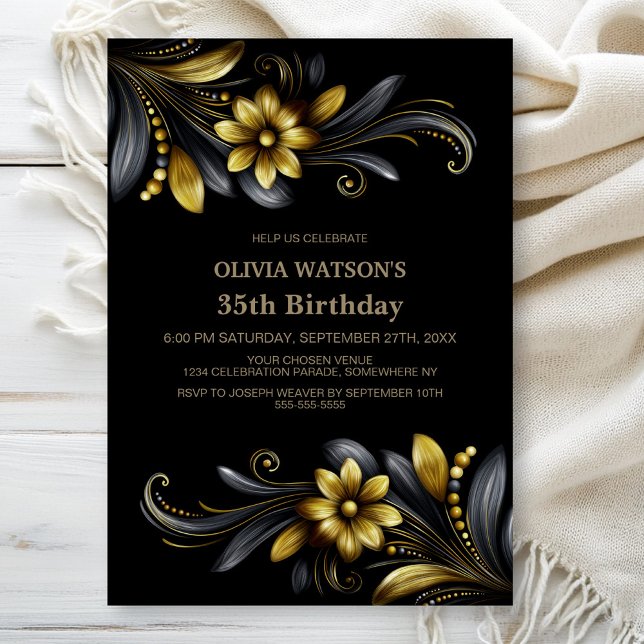 Convites Black Gold Floral Birthday Party (Criador carregado)