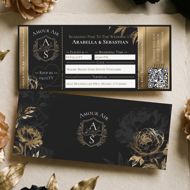 Convites Black Gold Floral Boarding Plane Ticket Wedding (Black Gold Floral Boarding Plane Ticket Wedding Invitation)