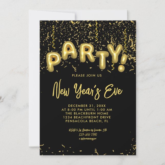 Convites Black & Gold Foil Balloons New Year's Eve Party (Frente)
