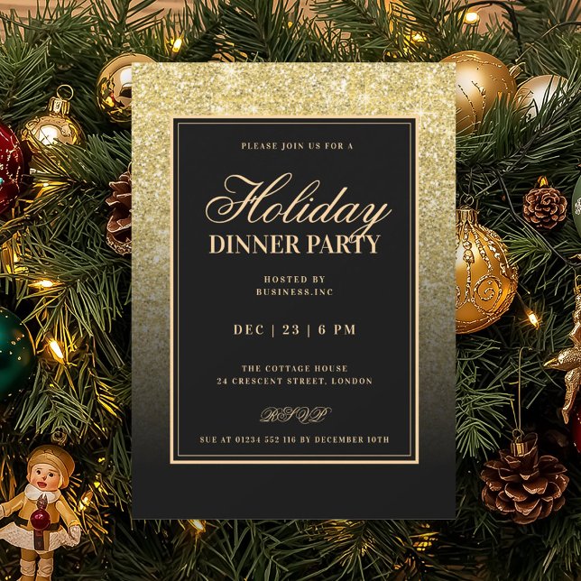 Convites Black & Gold Glam FAUX Glitter Holiday Dinner  (Black & Gold Glam FAUX Glitter Holiday Dinner Invitation)