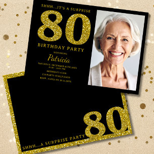 Convites Black Gold Glitter 80º Aniversário Surpresa Foto