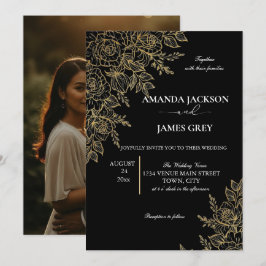 Convites Black Gold Glitter Photo Back Glam Wedding