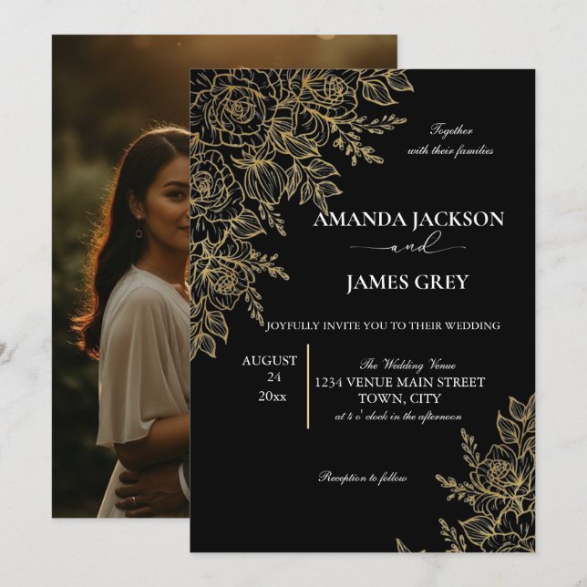 Convites Black Gold Glitter Photo Back Glam Wedding (Frente/Verso)