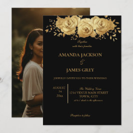 Convites Black Gold Glitter Photo Back Glam Wedding 