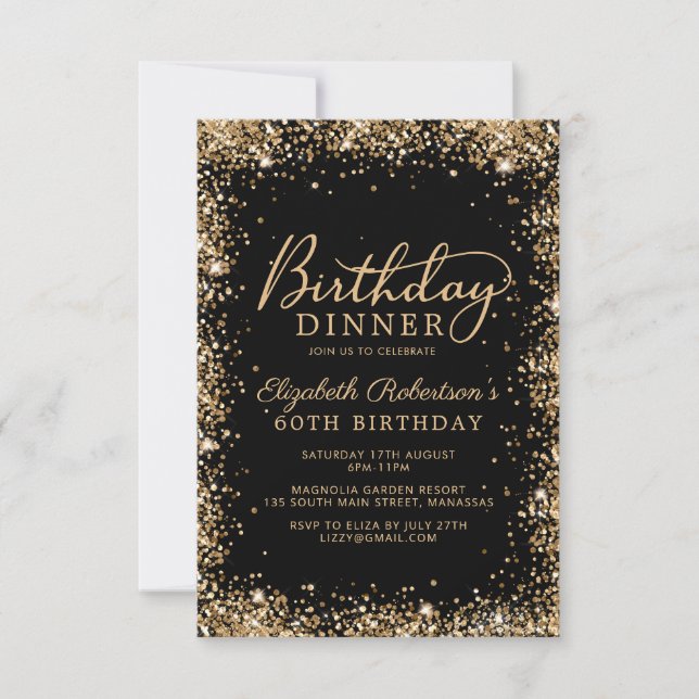 Convites Black Gold Glitter Script 60th Birthday Dinner (Frente)