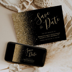 Convites Black Gold Glitter Script Salve a Data