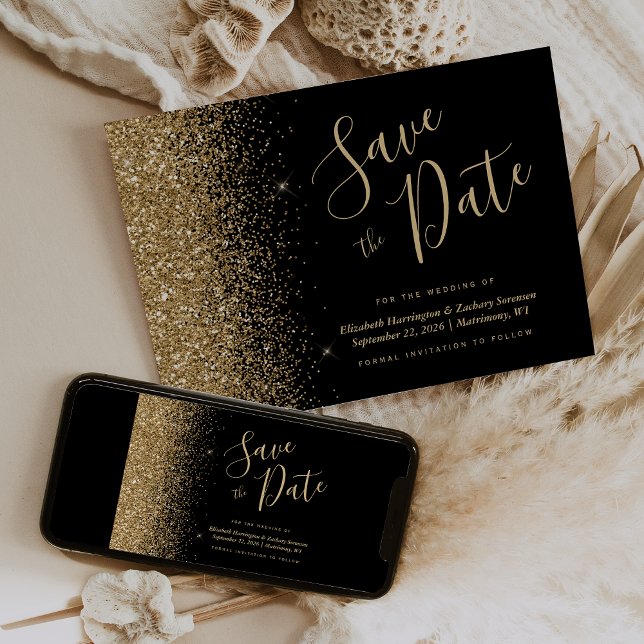 Convites Black Gold Glitter Script Salve a Data (Criador carregado)