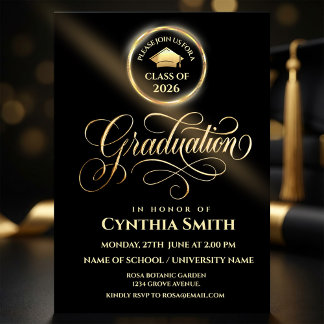 Convites Black & Gold Graduation Invitation | Class of 2026