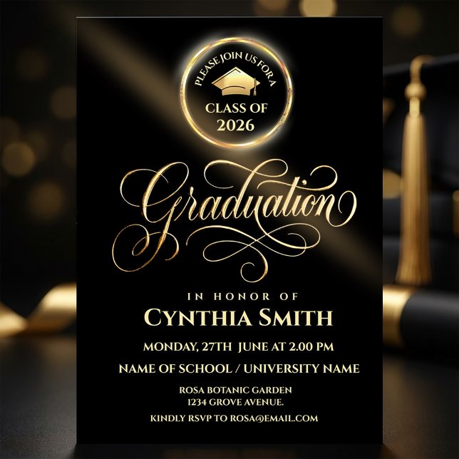 Convites Black & Gold Graduation Invitation | Class of 2026 (#GraduationInvitation#ClassOf2026#GraduationParty#GraduationDesign#BlackAndGold#LuxuryInvitatio)