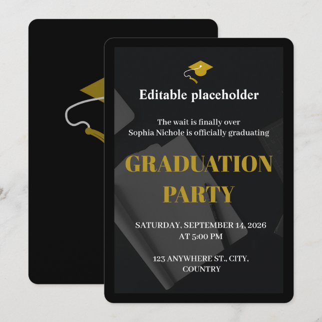 Convites Black Gold Graduation Party Editable Invitation (Frente/Verso)