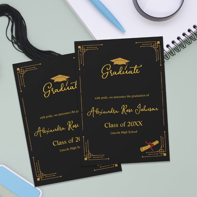 Convites Black & Gold High School Graduation Announcement (Black & Gold High School Graduation Announcement | Elegant Art Deco Graduate Card)